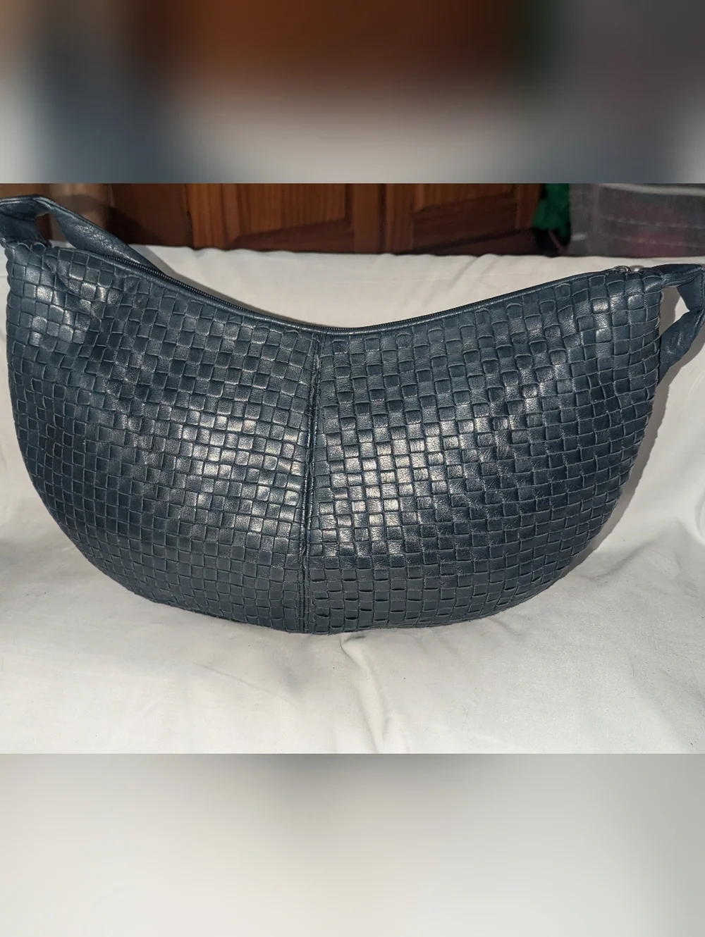 Vintage Woven Leather Hobo Bag In Navy Blue. Made In Korea
